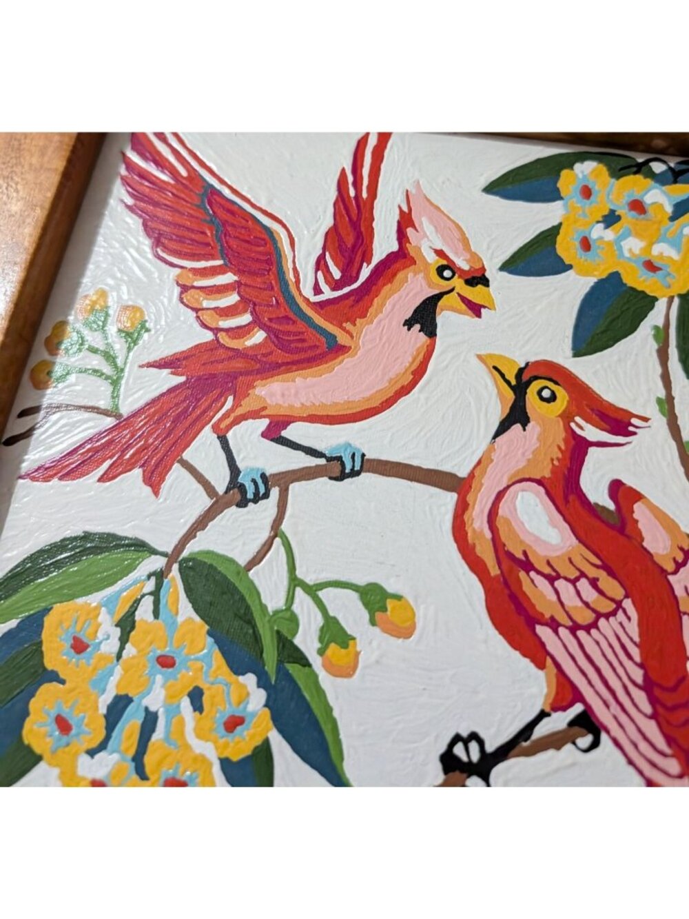 Vintage Paint by Number Cardinal red Birds Yellow Flowers wooded 10 in Folk art - Picture 4 of 11